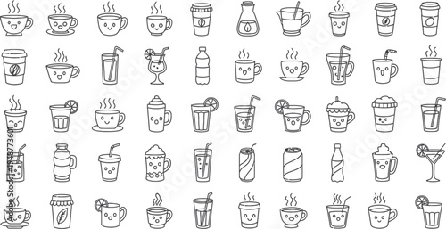 Cute beverage icon set with smiling cups and glasses of various drinks