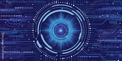  Abstract blue digital eye interface on electronic circuit background, AI surveillance, cyber monitoring and futuristic technology visualization