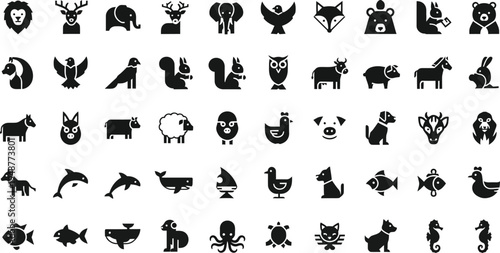 Wild animal silhouettes and farm livestock icons collection for web design