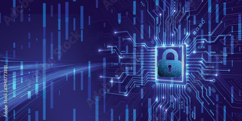 Cybersecurity concept with glowing padlock icon on blue digital circuit board background, data protection technology and secure network illustration