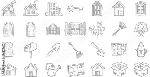 A charming hand-drawn collection of doodle icons depicting various elements of houses, home interiors, and essential gardening tools in a whimsical sketch style.