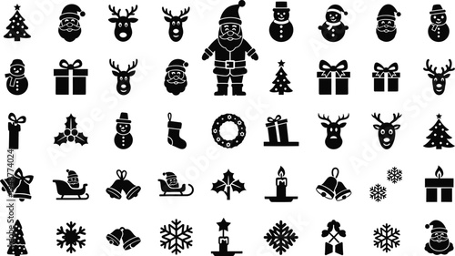 A delightful assortment of festive black silhouette icons featuring beloved Christmas characters, traditional decorations, and holiday symbols on a crisp white background.