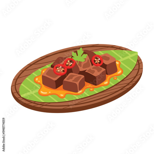 Delicious Cubes of Meat in Savory Sauce with Chili.