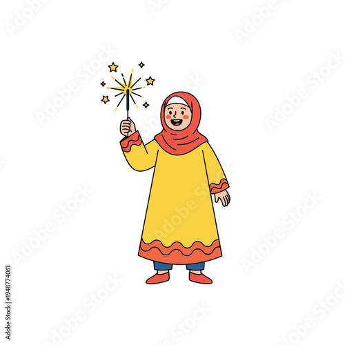 Happy Muslim Girl Holding Sparkler Celebrating.
