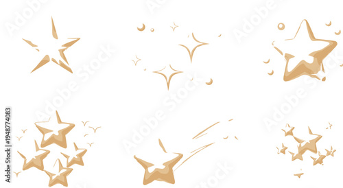 Golden sparkling star effects vector set with glitter shooting stars magic sparkles and shiny decorative elements illustration