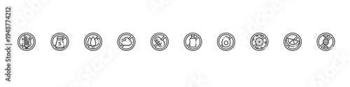 set of 10 thin line allergen free products icons such as corn, salt free, flower, dust, peanut, lactose free, chicken egg, antibacterial, citrus, genome. editable stroke vector illustration isolated