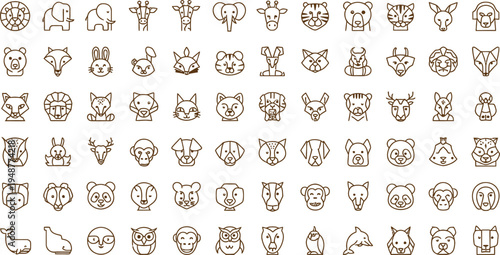 Set of eighty vector outline icons of various wild and domestic animals