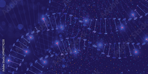 Glowing DNA double helix on dark blue background with particles, genetic science, biotechnology, molecular structure and medical research concept