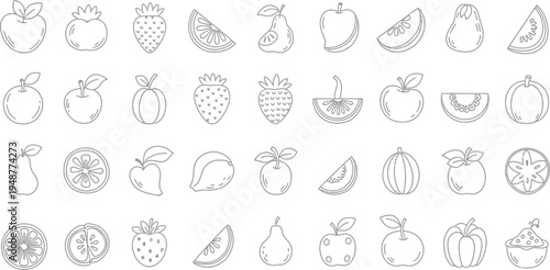 Set of sixty subtle vector fruit and berry silhouette icons with light grey fill