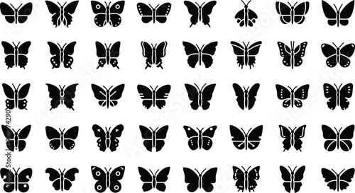 Set of sixty vector solid black icons of various butterflies and moths