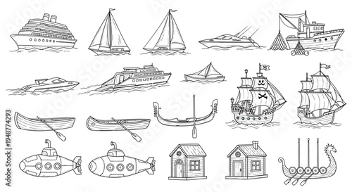 A charming hand-drawn collection of nautical vessels, including various boats and ships, alongside rustic houses, presented in a delightful sketch-style illustration.