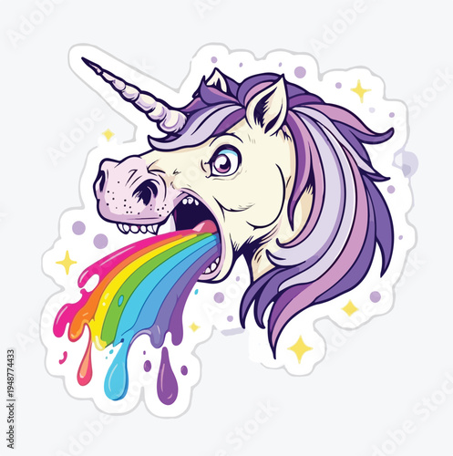 Hilarious sticker design illustrates a cartoon unicorn dramatically vomiting a vibrant rainbow stream in a funny style