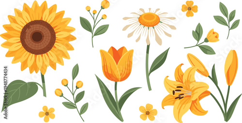 Yellow spring flowers vector set featuring sunflower tulip daisy and lily with green leaves bright botanical floral elements for nature design
