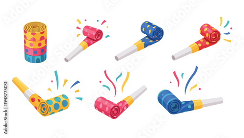 Collection of colorful party blowers with various patterns like dots and stripes are shown rolled up and extended with flying confetti.