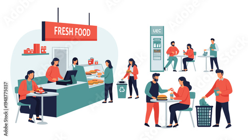 Busy food court area features several people eating at tables, ordering food at the counter, and disposing of trash in recycling bins.