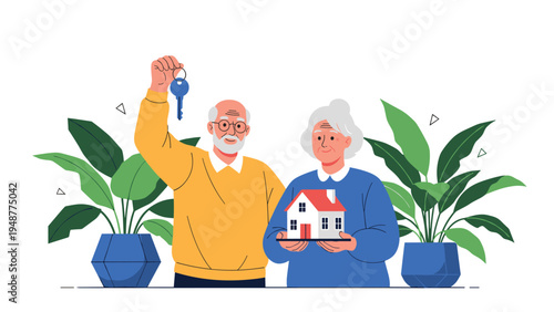 Happy elderly couple celebrates buying a new home by holding a small house model and a set of keys in front of large green plants.