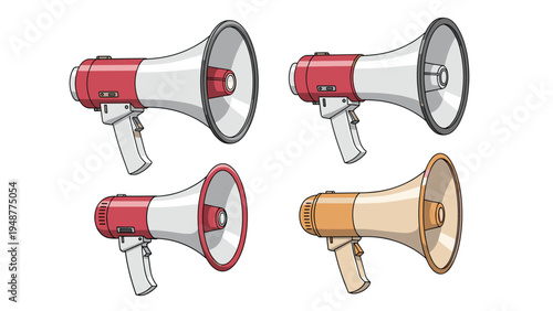 Four megaphones of different colors including red and white, light gray, and orange are shown from various angles for communication.