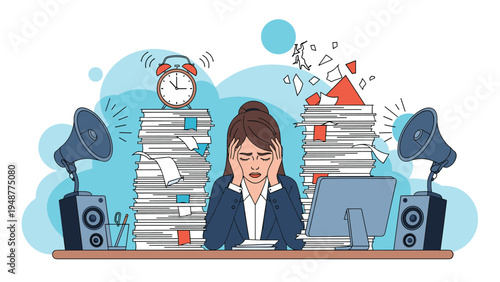 Overwhelmed businesswoman sits at a desk between high stacks of papers with loudspeakers and an alarm clock creating a stressful environment.