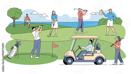 Group of diverse people enjoying a day of golf on a green course with carts and players practicing their swings near the water.