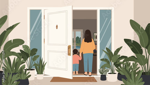 Mother and small child hold hands as they enter through the open front door of their cozy home decorated with green plants.