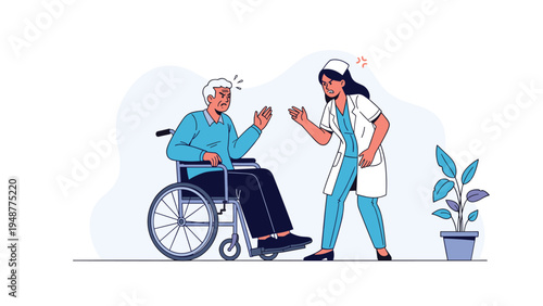Frustrated nurse in white uniform and cap shouting at an elderly man in a wheelchair who is gesturing back in a hospital setting.