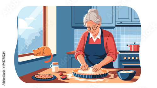 Senior woman happily prepares a homemade fruit pie in her bright kitchen while a ginger cat sleeps on the windowsill.