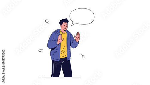 Concerned young man in a blue hoodie and yellow shirt holds his hands up in a stopping gesture with an empty speech bubble.