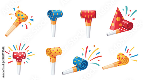 Festive collection of colorful party blowers and a red party hat with polka dots perfect for birthdays and holiday celebrations.