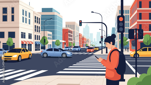 Distracted pedestrian looking at a mobile phone while standing near a busy city street crossing with cars and traffic signals.
