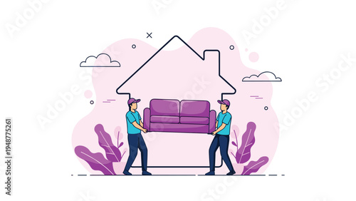 Professional movers in blue uniforms carry a large purple sofa into a minimalist house outline for home relocation services.
