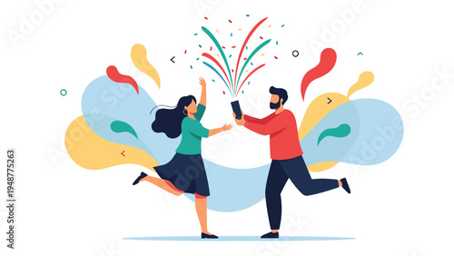 Joyful man and woman celebrate an achievement by popping a confetti cannon surrounded by vibrant abstract shapes and colors.