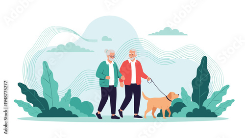 Active senior couple enjoys a healthy walk through a scenic park while leading their golden retriever dog on a leash together.