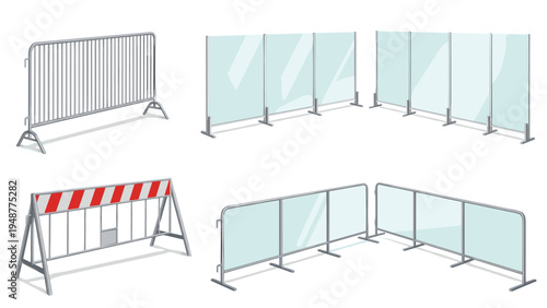 Different types of security partitions including metal fences, glass panels, and construction barriers for safety and privacy.