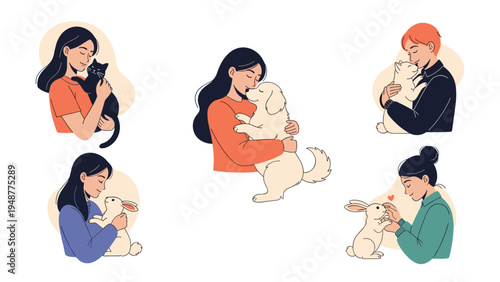 Collection of people showing love and affection by hugging their domestic pets like cats, dogs, and fluffy white rabbits.