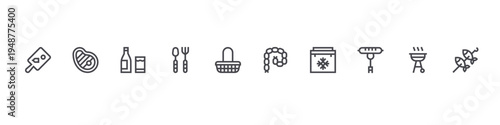 set of 10 thin line flat icons such as cutting board, steak, orange juice, cutlery, basket, salami, portable fridge, sausage,, fish. editable stroke vector illustration isolated on white