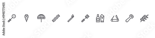 set of 10 thin line flat icons such as spatula, ice cream, parasol, bacon, match, spatula, beer,, bottle opener, shrimps. editable stroke vector illustration isolated on white