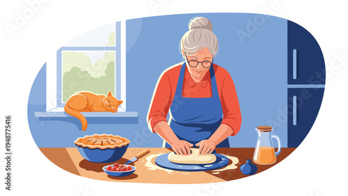 Loving grandmother in glasses and an apron carefully kneads dough for a fresh pie on a wooden table in her sunny kitchen.