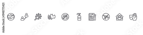 set of 10 thin line flat covid icons such as bat,, virus search, bat, no group, hand sanitizer, blood test, no flight, stay at home, protection. editable stroke vector illustration isolated on white
