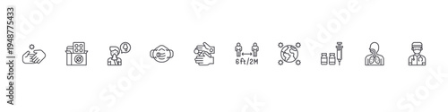 set of 10 thin line flat covid virus pandemic icons such as handshake, medicine, snot, respirator, hand washing, distance, outbreak, vaccine, lung, doctor. editable stroke vector illustration