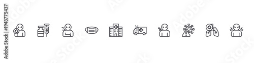 set of 10 thin line flat covid icons such as sickness, medicine, sick, facial mask, hospital, ambulance, sneeze, caution, lungs, fever. editable stroke vector illustration isolated on white