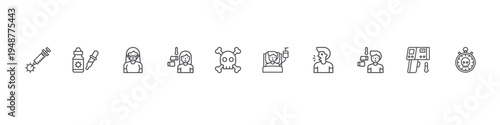 set of 10 thin line flat covid virus pandemic icons such as vaccine, dropper, woman, fever, skull, patient, cough, fever, thermometer, stopwatch. editable stroke vector illustration isolated on