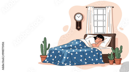 Young woman sleeping soundly in a comfortable bed covered with a blue patterned blanket next to several potted cactus plants.