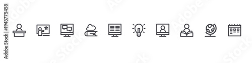 set of 10 thin line flat education and knowledge icons such as desk,, online chat, cloud library, monitor, idea, online course, studying, globe, timetable. editable stroke vector illustration