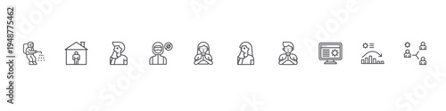 set of 10 thin line flat covid virus pandemic icons such as disinfectant, stay at home, sneeze, doctor, greeting, sneeze, greeting, computer screen, chart, carrier. editable stroke vector