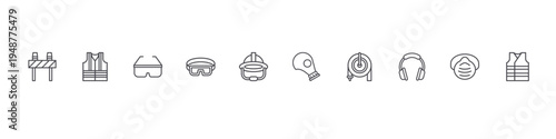 set of 10 thin line flat rescue and protective icons such as road block, life vest, glasses, safety goggles, helmet, gas mask, fire hose, ear protection, safety mask, vest. editable stroke vector