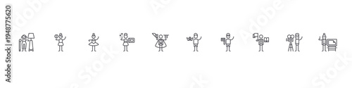 set of 10 thin line general arts icons such as interior de, psychology, dancer, graphic de, magician, origami, camera, politics, video camera, illustration. editable stroke vector illustration