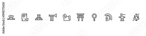 set of 10 thin line history icons such as headband, treasure map, aztec pyramid, et, compass, torii gate, loupe, roman helmet, blacksmith, diamond. editable stroke vector illustration isolated on