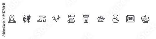set of 10 thin line history icons such as tomb, wheat, stonehenge, prehistory, papyrus, fortress, crown, ceramics, treasure chest, fossil. editable stroke vector illustration isolated on white
