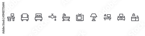 set of 10 thin line home furniture icons such as office desk, sofa, double bed, faucet, bathtub, tv monitor, lamp, office table, home cinema, kitchen. editable stroke vector illustration isolated on