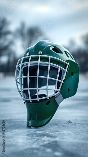 green hockey goalie helmet with a white cage on an ice rink
